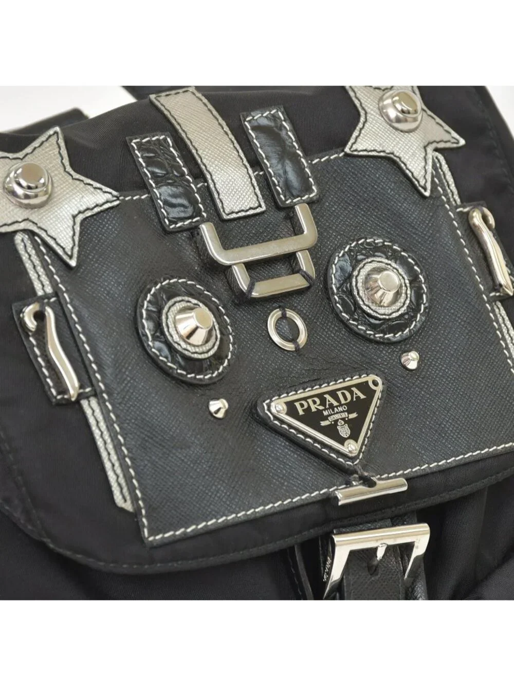 Prada Tessuto Nylon Robot Backpack Saffiano Leather Studs Metal Black